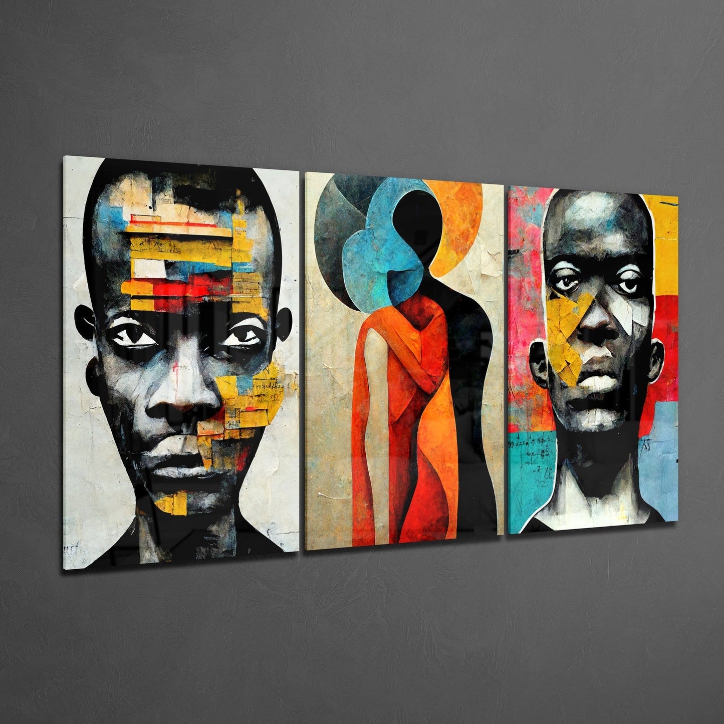Three-panel glass wall art featuring abstract portraits with colorful geometric overlays in orange, blue, red, and yellow tones on gray background.