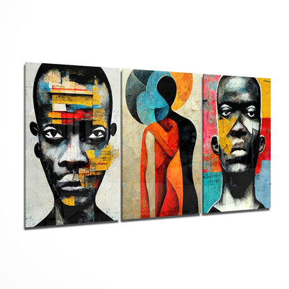 Three-panel glass wall art featuring abstract portraits with colorful geometric shapes in blue, orange, red, and yellow against neutral backgrounds.