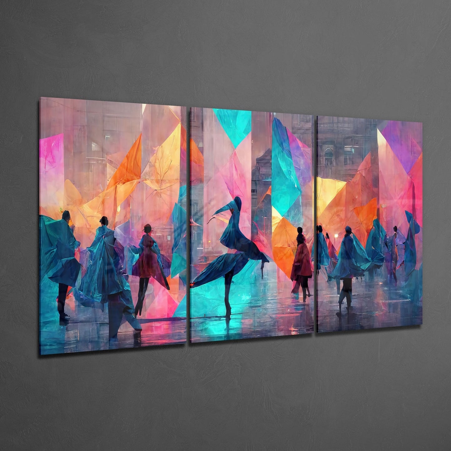 Multi-panel glass wall art displaying silhouetted figures with colorful geometric overlays in vibrant pink, orange, cyan, and yellow tones mounted on gray wall.