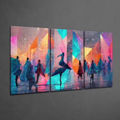 Multi-panel glass wall art displaying silhouetted figures with colorful geometric overlays in vibrant pink, orange, cyan, and yellow tones mounted on gray wall.