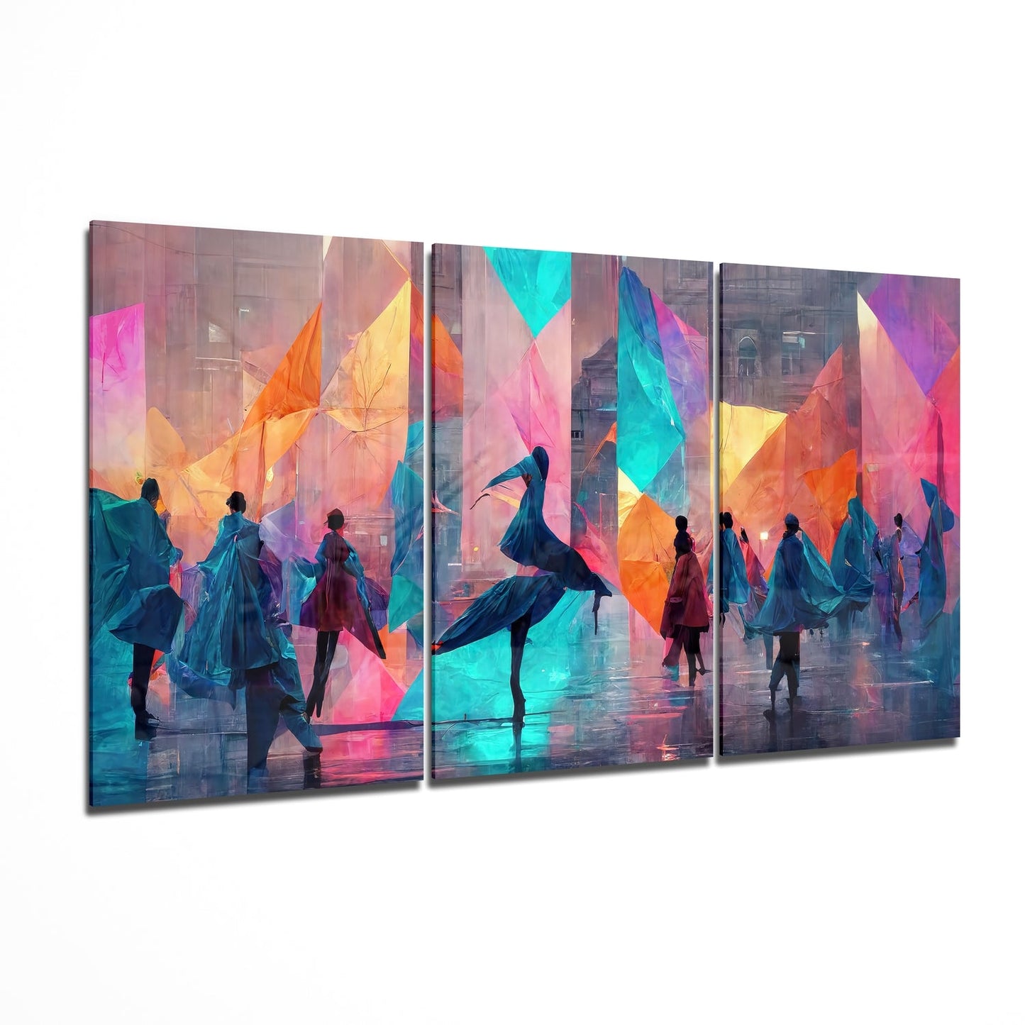 Three-panel glass wall art displaying silhouetted figures dancing amid vibrant geometric shapes in pink, orange, cyan, and yellow tones against an urban backdrop.