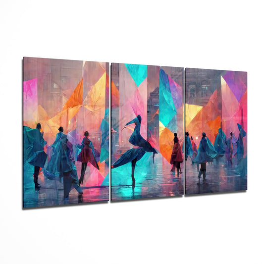 Three-panel glass wall art displaying silhouetted figures dancing amid vibrant geometric shapes in pink, orange, cyan, and yellow tones against an urban backdrop.