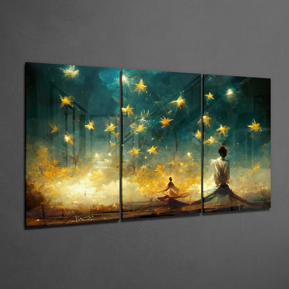Golden Stars Over Teal Sky Meditation Glass Wall Art