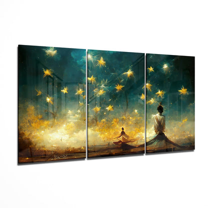 Golden Stars Over Teal Sky Meditation Glass Wall Art