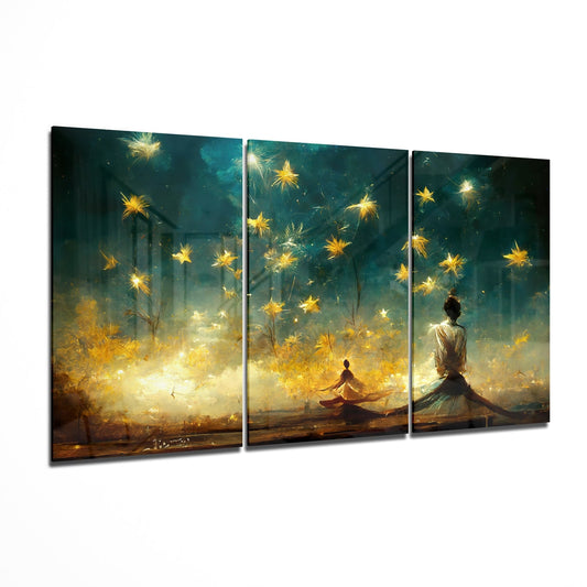 Three-panel glass wall art displaying figures meditating beneath glowing golden stars against a teal and amber gradient sky.