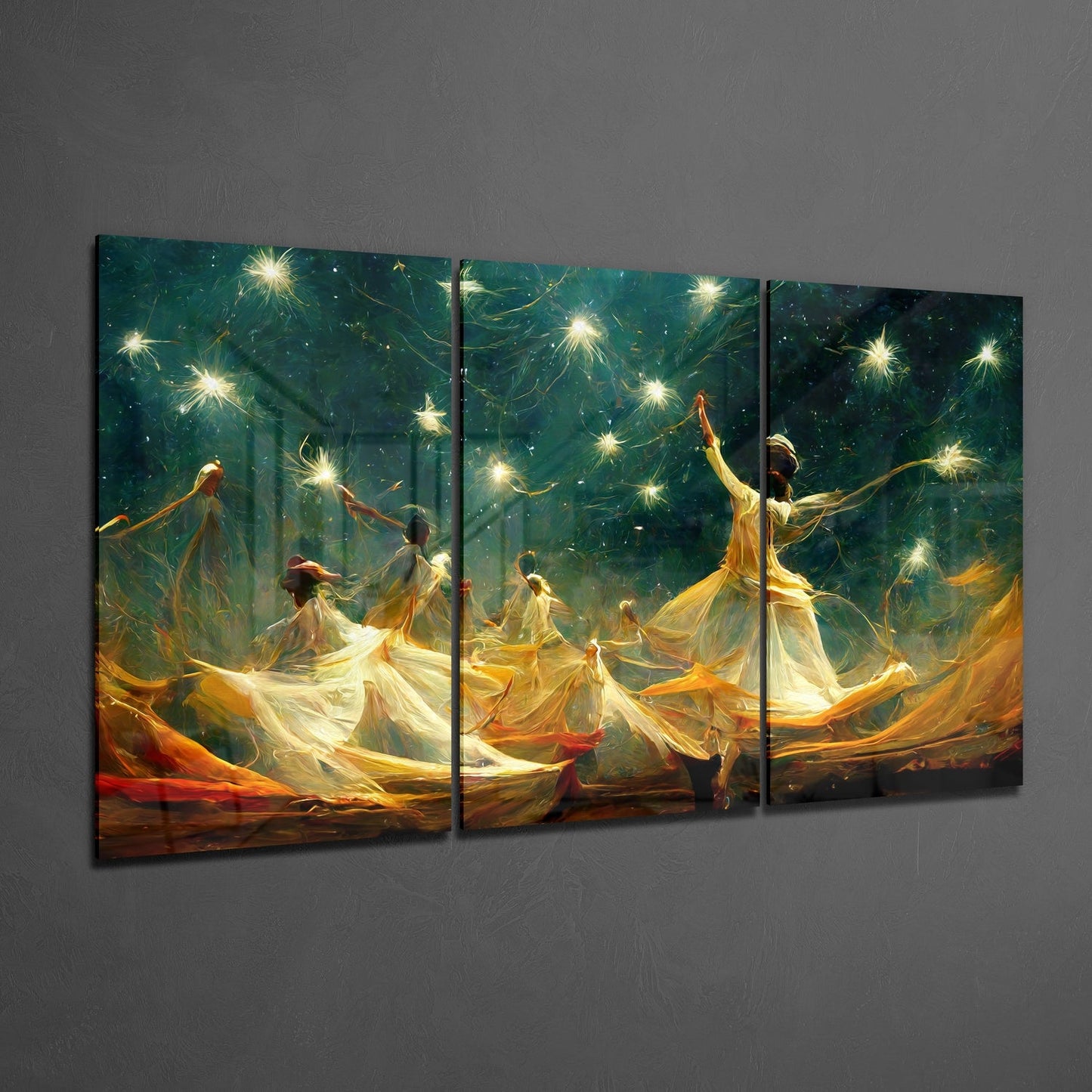 Whirling Dancers Under Starburst Sky Glass Wall Art