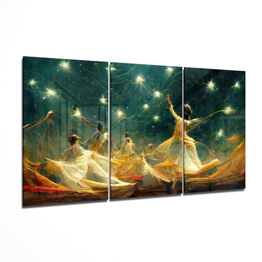Three-panel glass wall art displaying ethereal figures in flowing golden robes dancing beneath glowing celestial lights against a deep teal background.