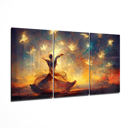 Fiery Sunset Dancer With White Doves Glass Wall Art