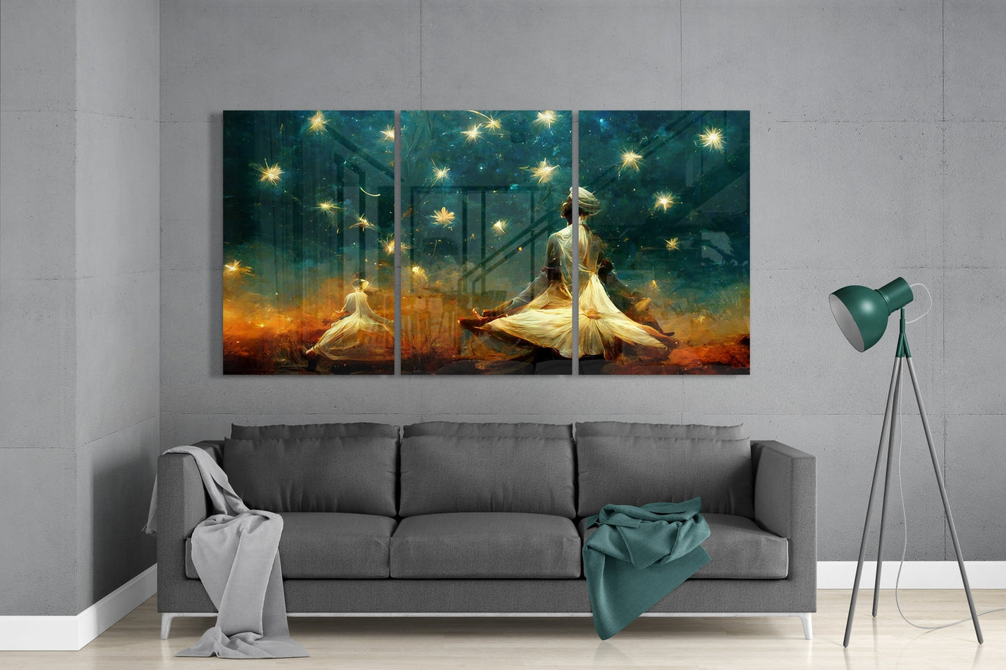 Lotus Seated Figures Amber Mist Stars Glass Wall Art