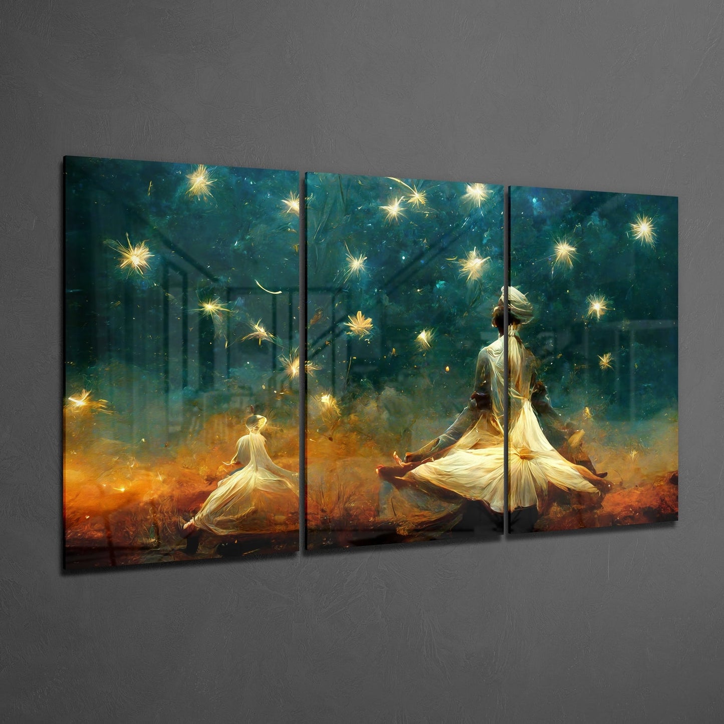 Lotus Seated Figures Amber Mist Stars Glass Wall Art