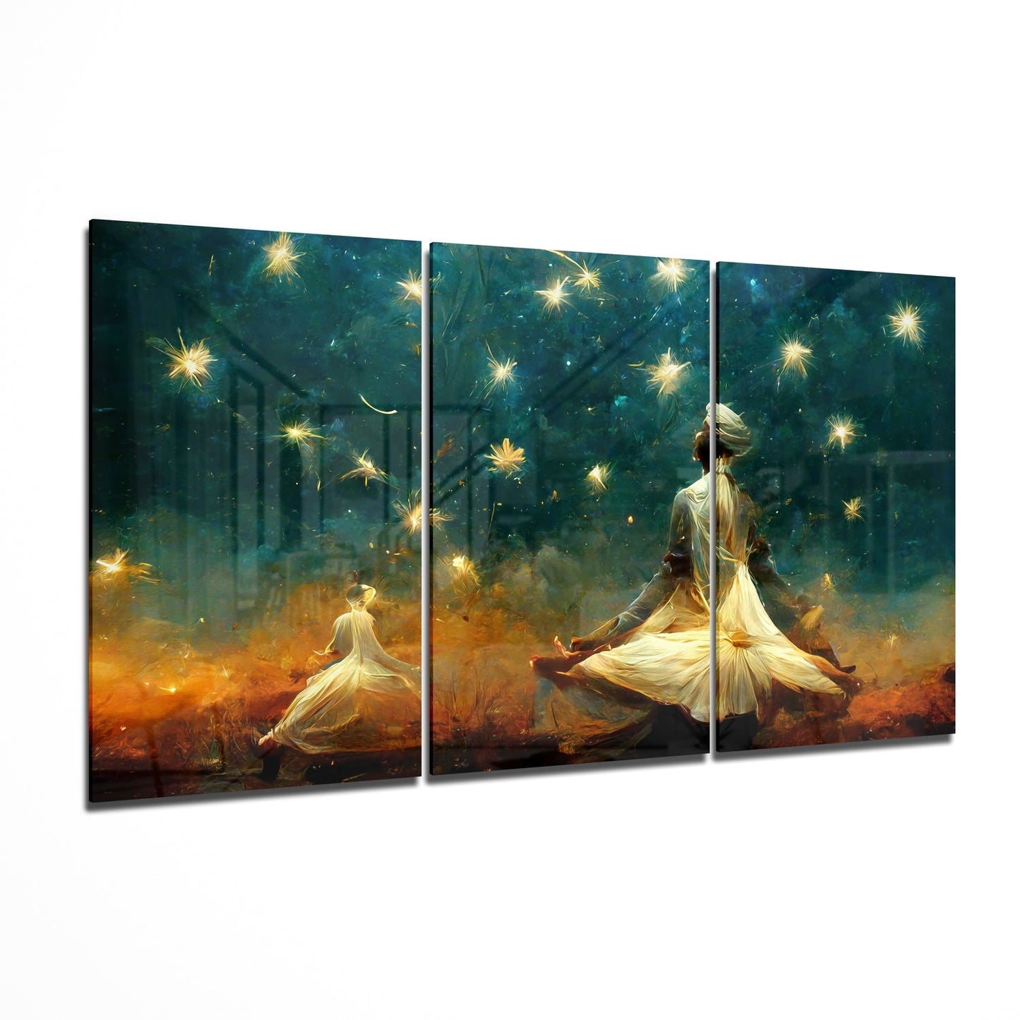 Lotus Seated Figures Amber Mist Stars Glass Wall Art