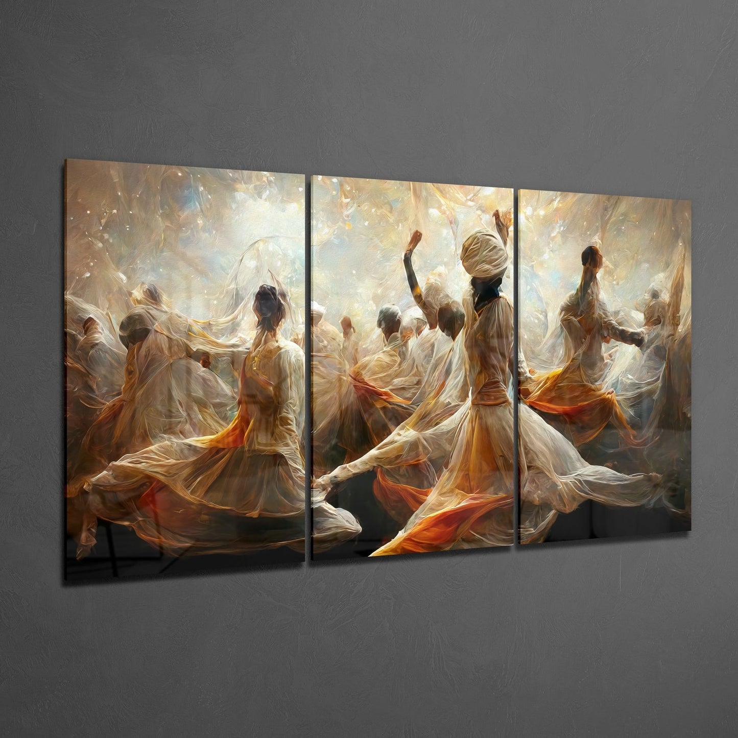 Three-panel glass wall art depicting whirling dervishes in golden and white robes against luminous background, displayed on gray wall.