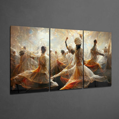 Three-panel glass wall art depicting whirling dervishes in golden and white robes against luminous background, displayed on gray wall.