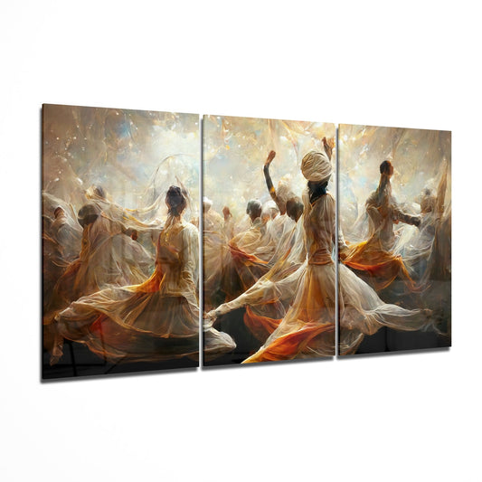 Three-panel glass wall art depicting whirling dervishes in flowing robes of cream and orange against luminous golden background.