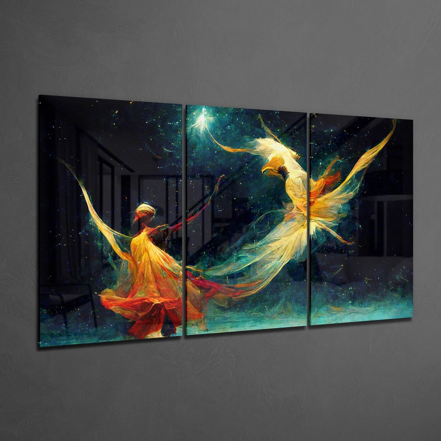 Three-panel glass wall art displaying a glowing figure in flowing orange and yellow robes dancing amid teal and gold cosmic light effects against a dark background.