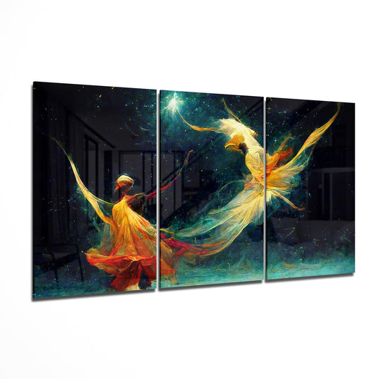Three-panel glass wall art displaying a luminous figure in flowing golden and red garments against a dark starlit background with teal accents.