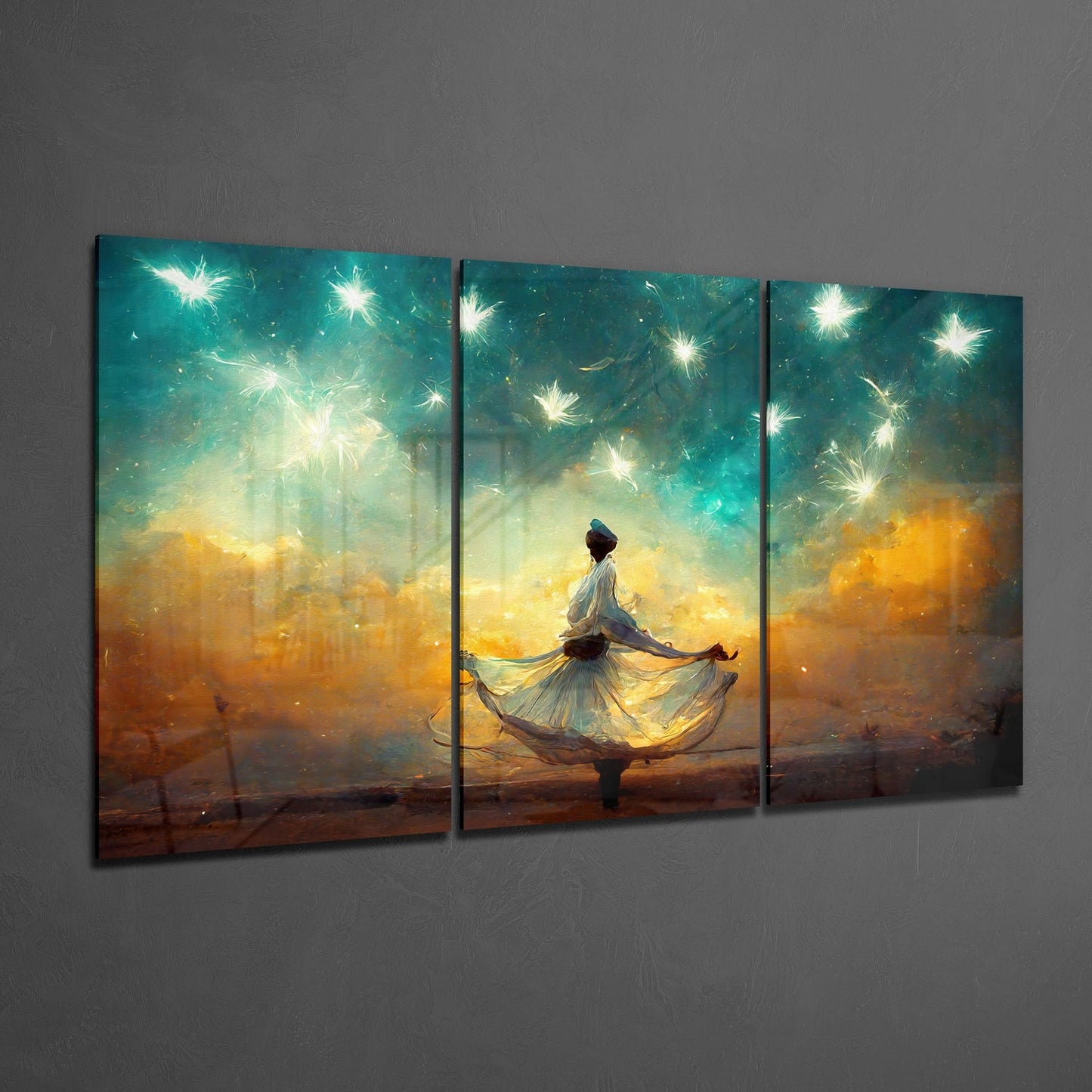 Three-panel glass wall art displaying a figure in flowing dress against golden and teal luminous sky with radiating light bursts.