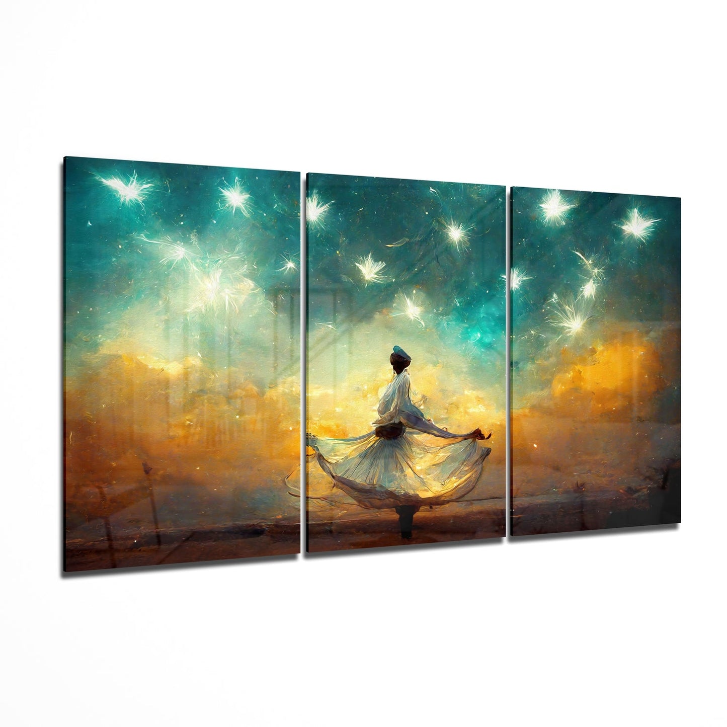 Three-panel glass wall art depicting a figure in a white dress twirling under a teal and golden sky with glowing lights.