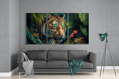 Three-panel glass wall art featuring a tiger with striking green eyes surrounded by lush green foliage and colorful flowers, displayed above a gray sofa.