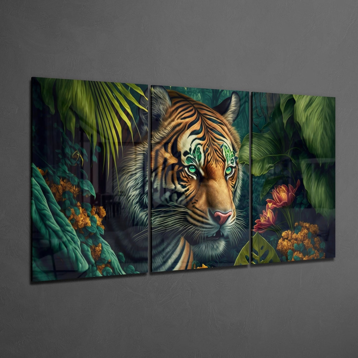 Three-panel glass wall art displaying a tiger with striking green eyes surrounded by jungle foliage and flowers against a gray wall.