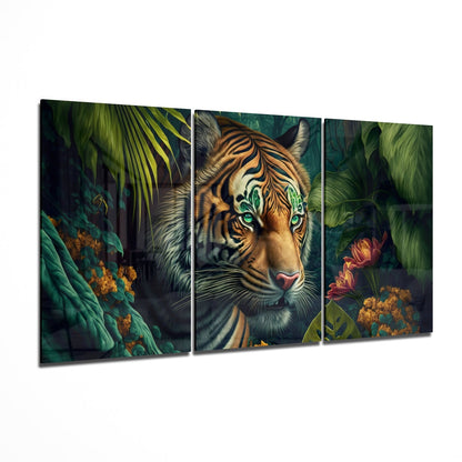 Three-panel glass wall art displaying a detailed tiger with striking green eyes surrounded by lush jungle foliage and flowers.