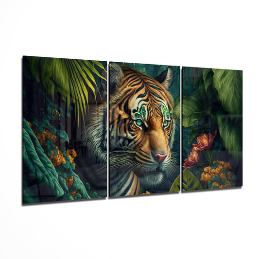Three-panel glass wall art displaying a detailed tiger with striking green eyes surrounded by lush jungle foliage and flowers.