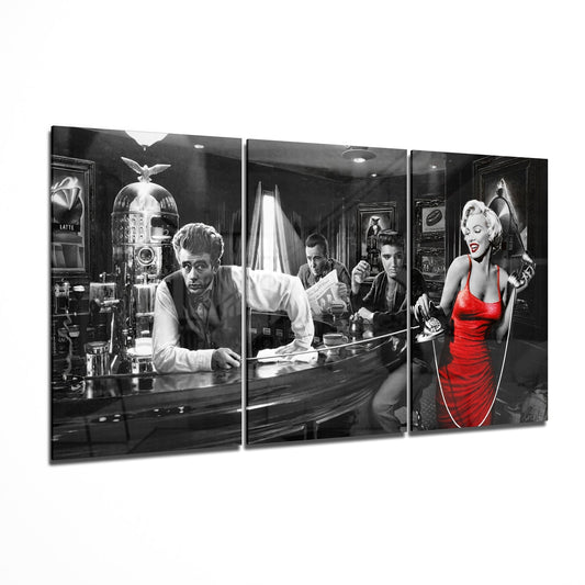 Three-panel black and white glass wall art showing a glamorous woman in red dress at a retro bar with male figures and art deco styling.