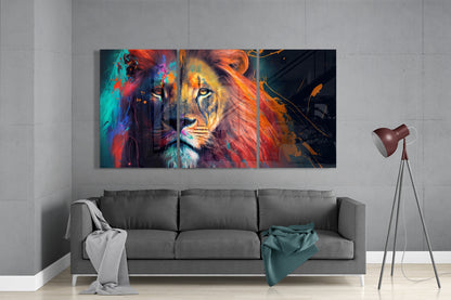 Teal and Red Paint Splash Lion Mega Glass Wall Art