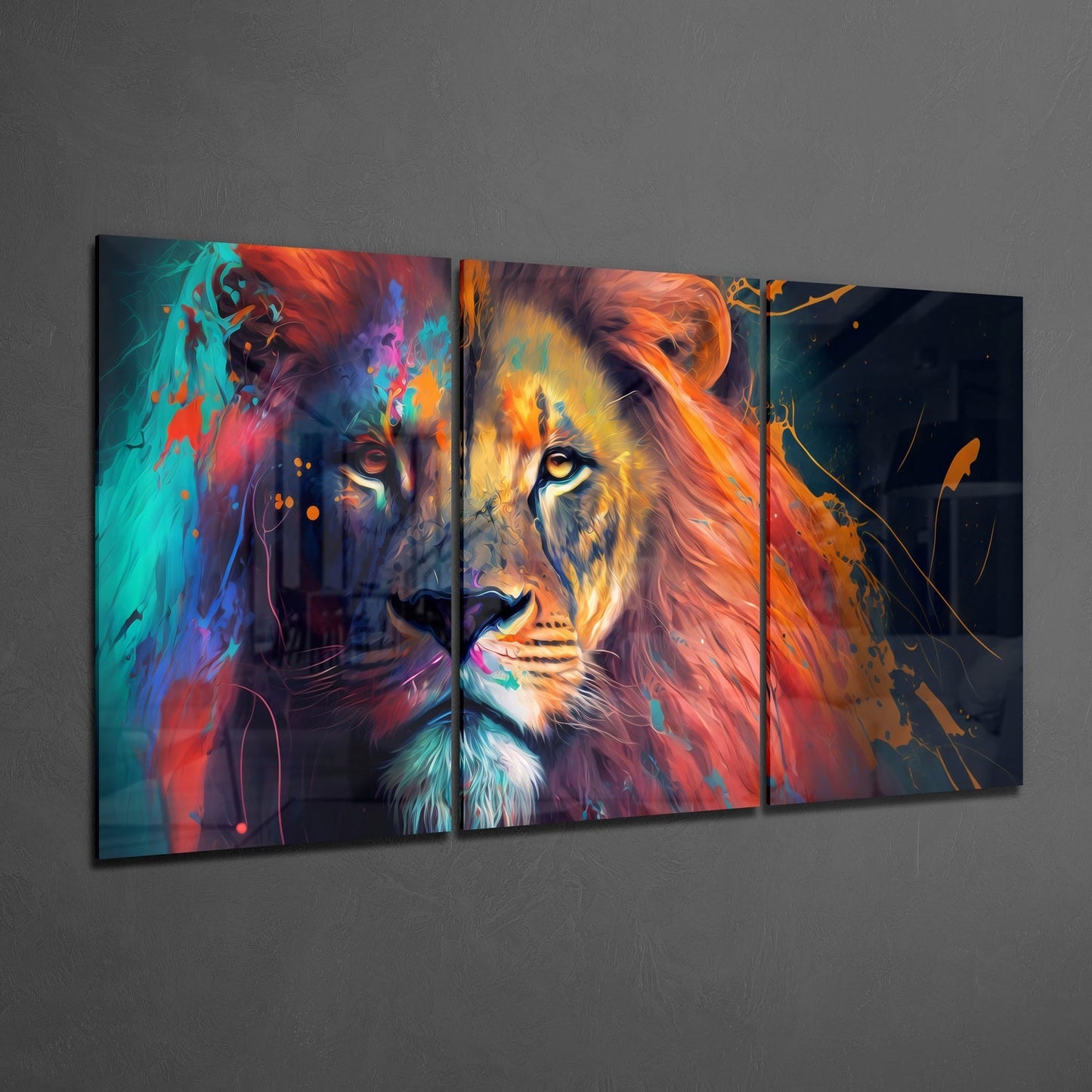 Teal and Red Paint Splash Lion Mega Glass Wall Art