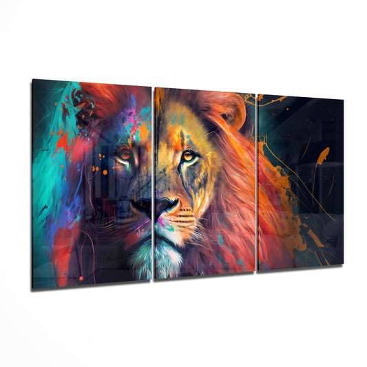 Three-panel glass wall art displaying a colorful lion's face with teal, red, and orange paint splashes, angled perspective view.