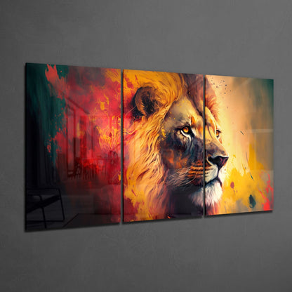 Golden Lion Profile Red Yellow Splash Mega Glass Wall Art