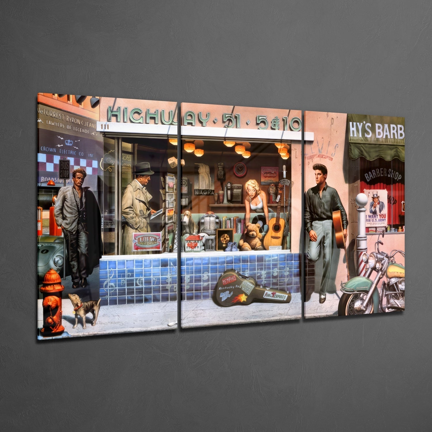 Three-panel glass wall art displaying retro storefronts with figures, guitars, motorcycles, and "Highway 51 Band" signage against gray background.