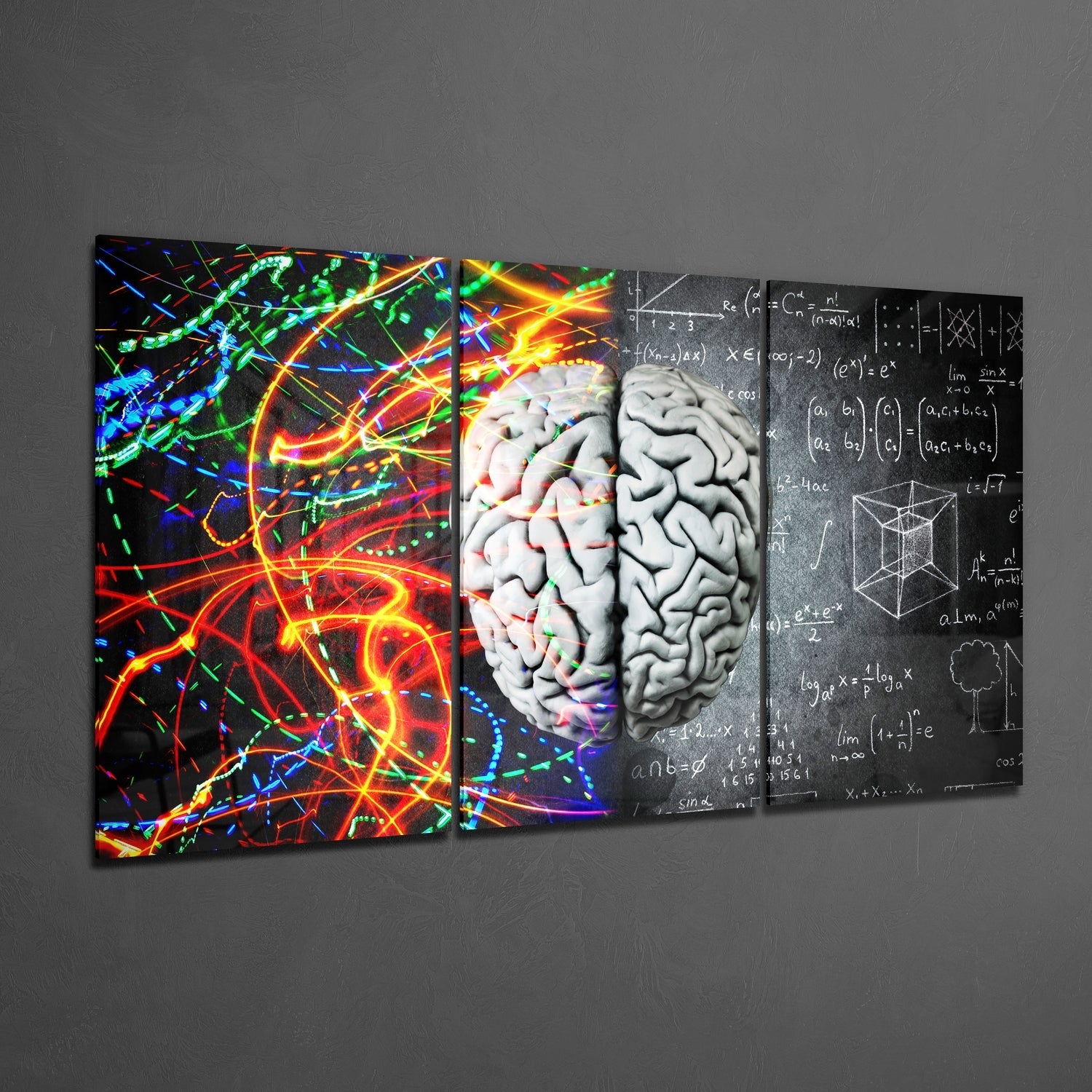 Four-panel glass wall art displaying colorful neural pathways, brain hemispheres, and mathematical equations on gray background.