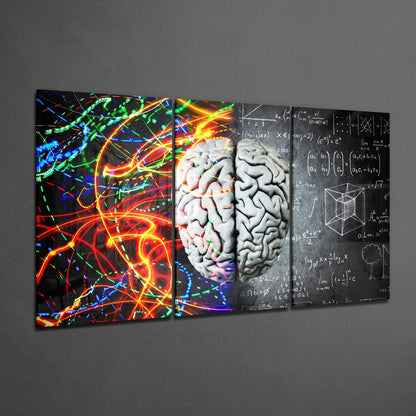 Four-panel glass wall art displaying colorful neural pathways, brain hemispheres, and mathematical equations on gray background.