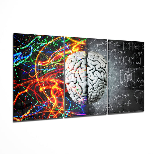 Four-panel glass wall art displaying colorful neural networks, brain anatomy, and mathematical equations on black background, angled perspective view.