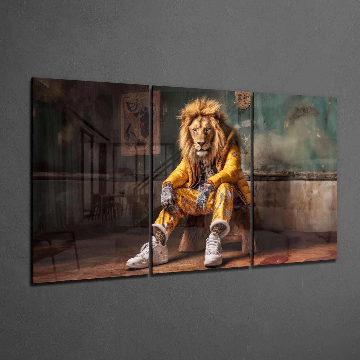Three-panel glass wall art displaying a lion in gold jacket and white sneakers seated in an urban interior setting.