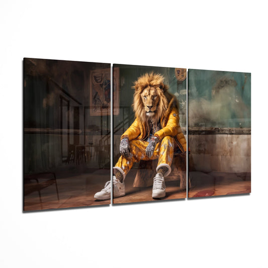 Three-panel glass wall art displaying a lion in gold jacket and white sneakers sitting in an urban interior, shown at an angle perspective.