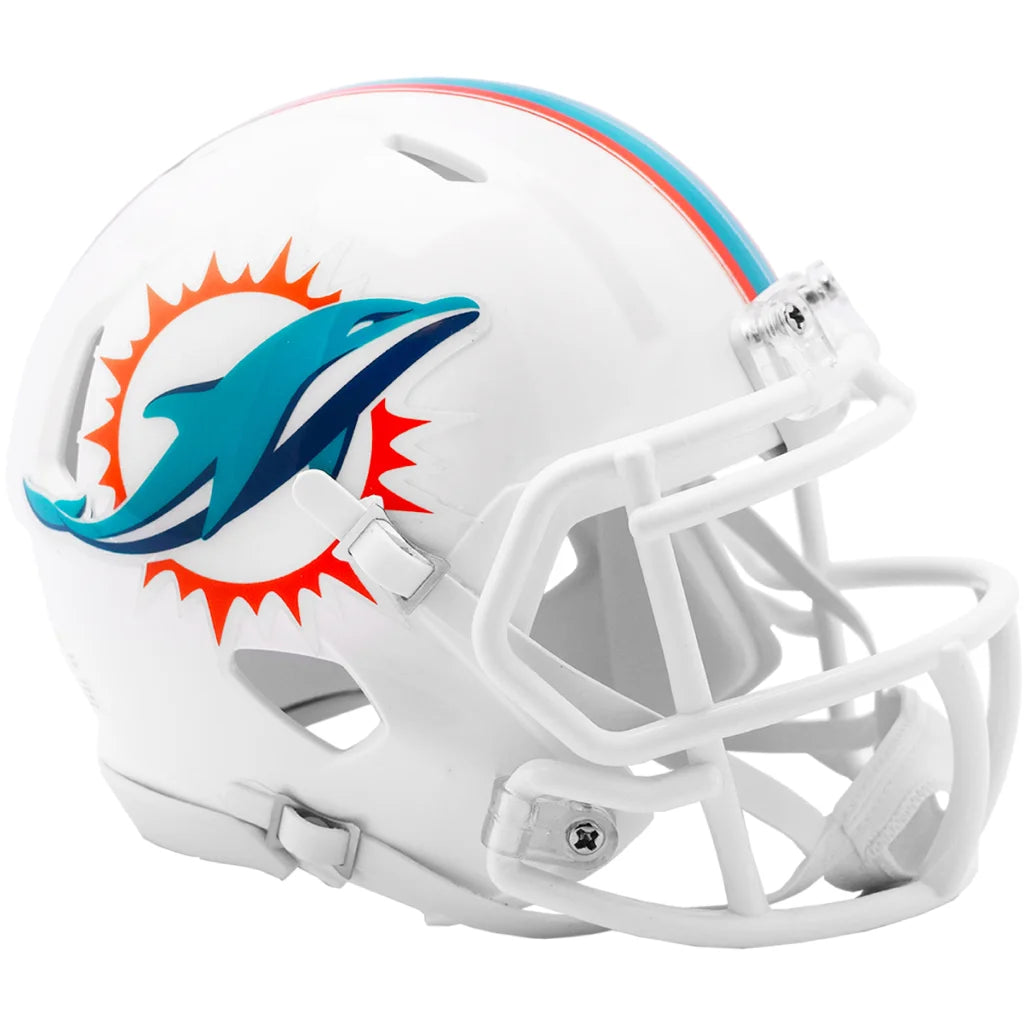 White Riddell Speed Mini Miami Dolphins helmet with teal orange logo