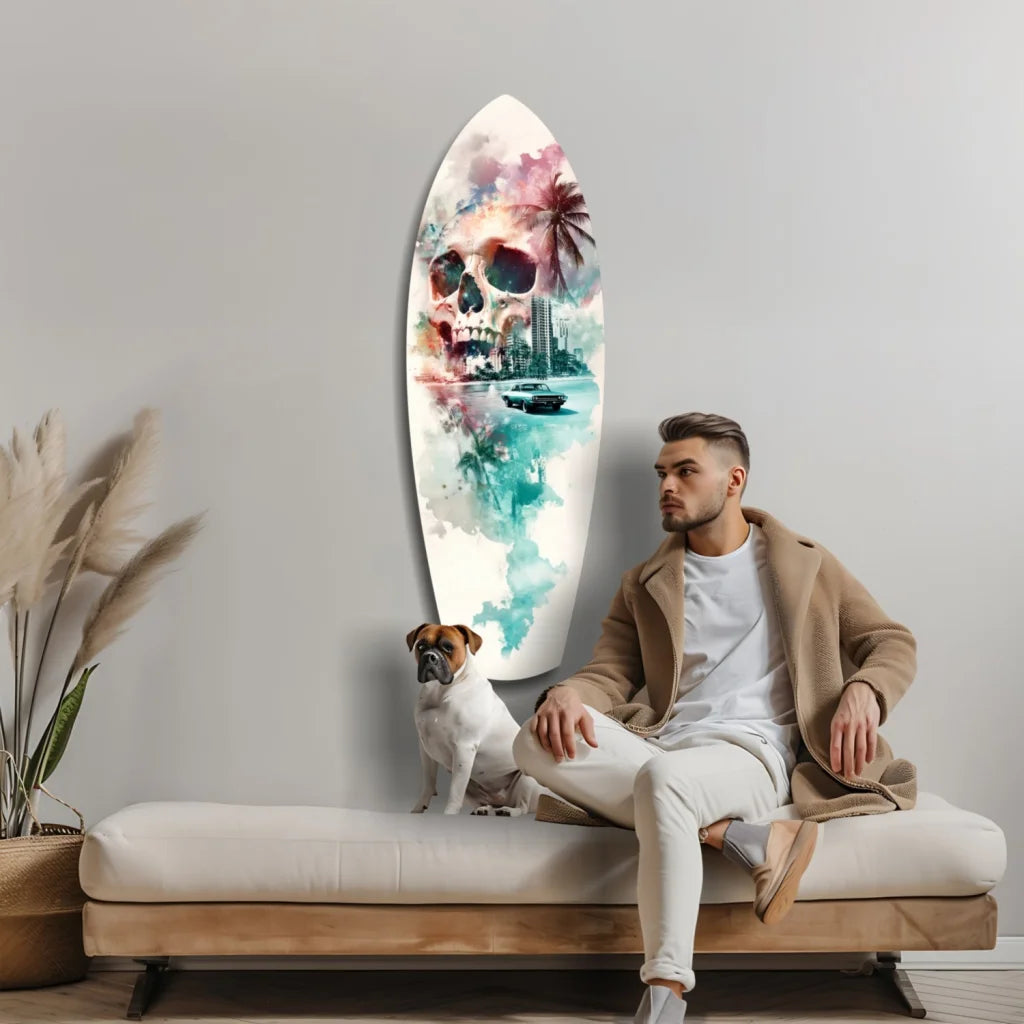 Vibrant skull surfboard tempered glass art with tropical watercolor design