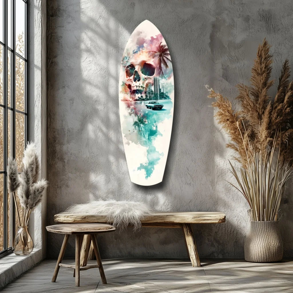 Skull surfboard tempered glass art with tropical watercolor design