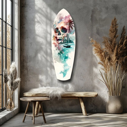 Skull surfboard tempered glass art with tropical watercolor design
