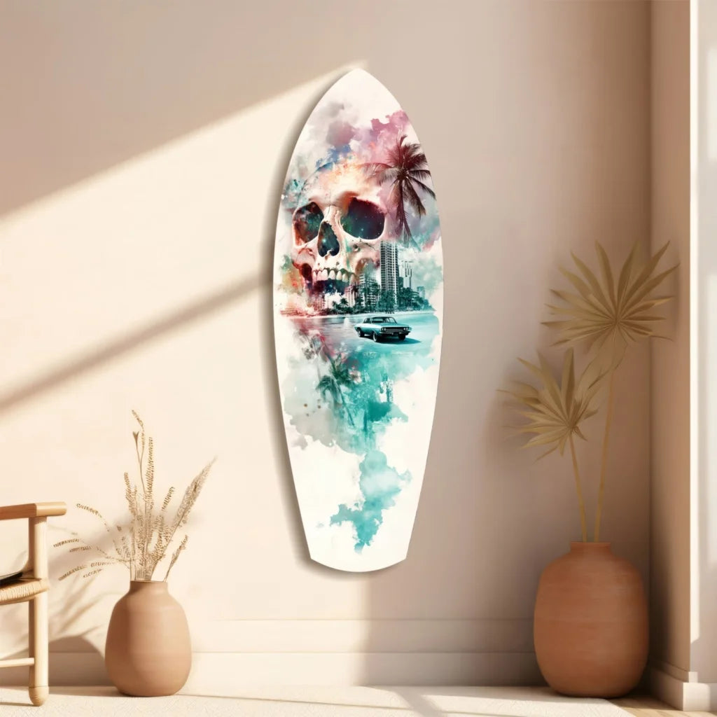 Vibrant skull surfboard tempered glass art with tropical watercolor design