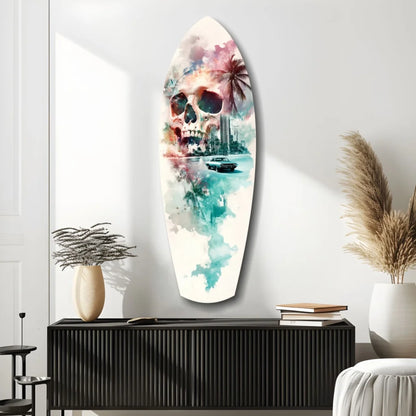 Vibrant skull surfboard tempered glass art with tropical watercolor design