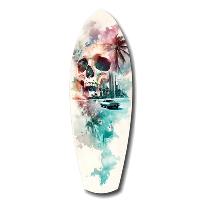 Skull Surfboard Tempered Glass Art with Tropical Watercolor Design | Insigneart USA | vintageantiquesgifts.com