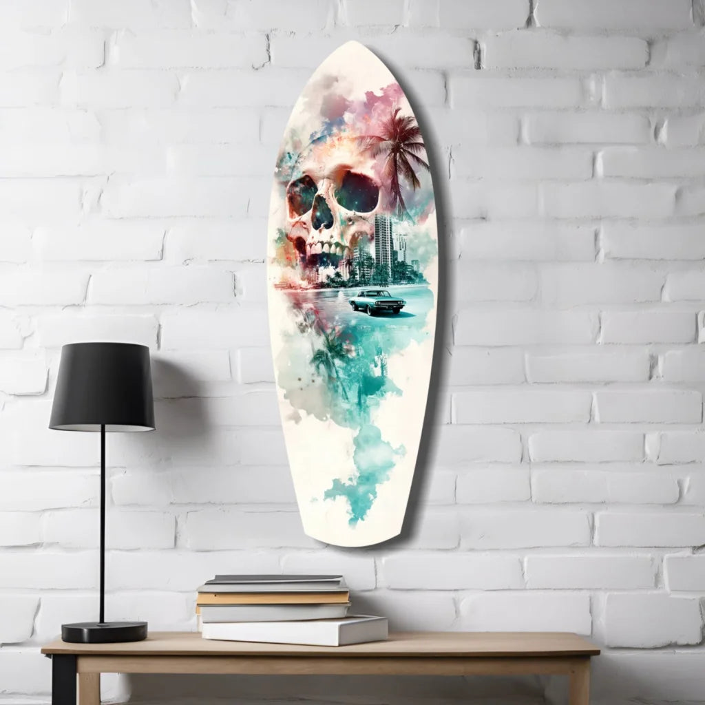 Skull Surfboard Tempered Glass Art with Tropical Watercolor Design | Contemporary Home Wall Art | vintageantiquesgifts.com