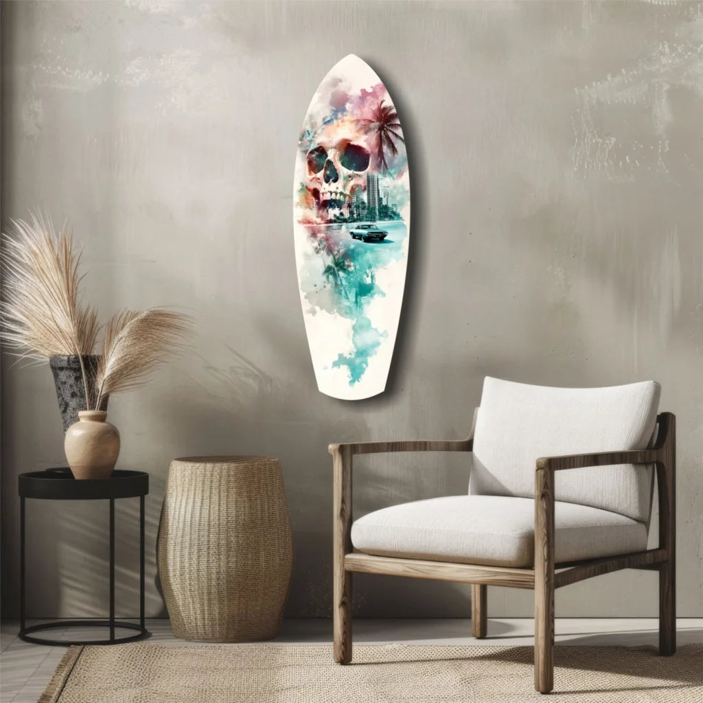 Skull surfboard tempered glass art with tropical watercolor design