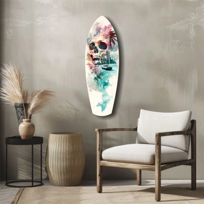 Skull surfboard tempered glass art with tropical watercolor design