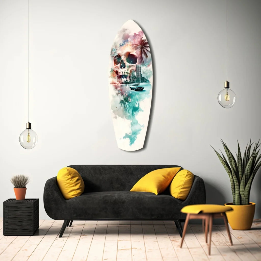 Watercolor skull surfboard tempered glass art with tropical palms and cityscape