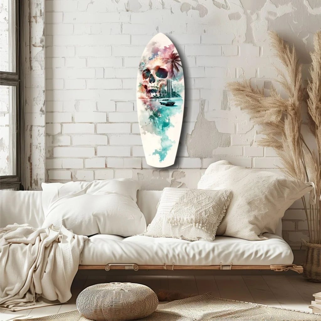 Skull surfboard tempered glass art with tropical watercolor design