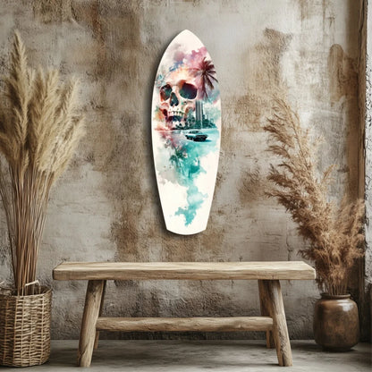 Skull Surfboard Tempered Glass Art with Tropical Watercolor Design | Modern Wall Art Decor | vintageantiquesgifts.com